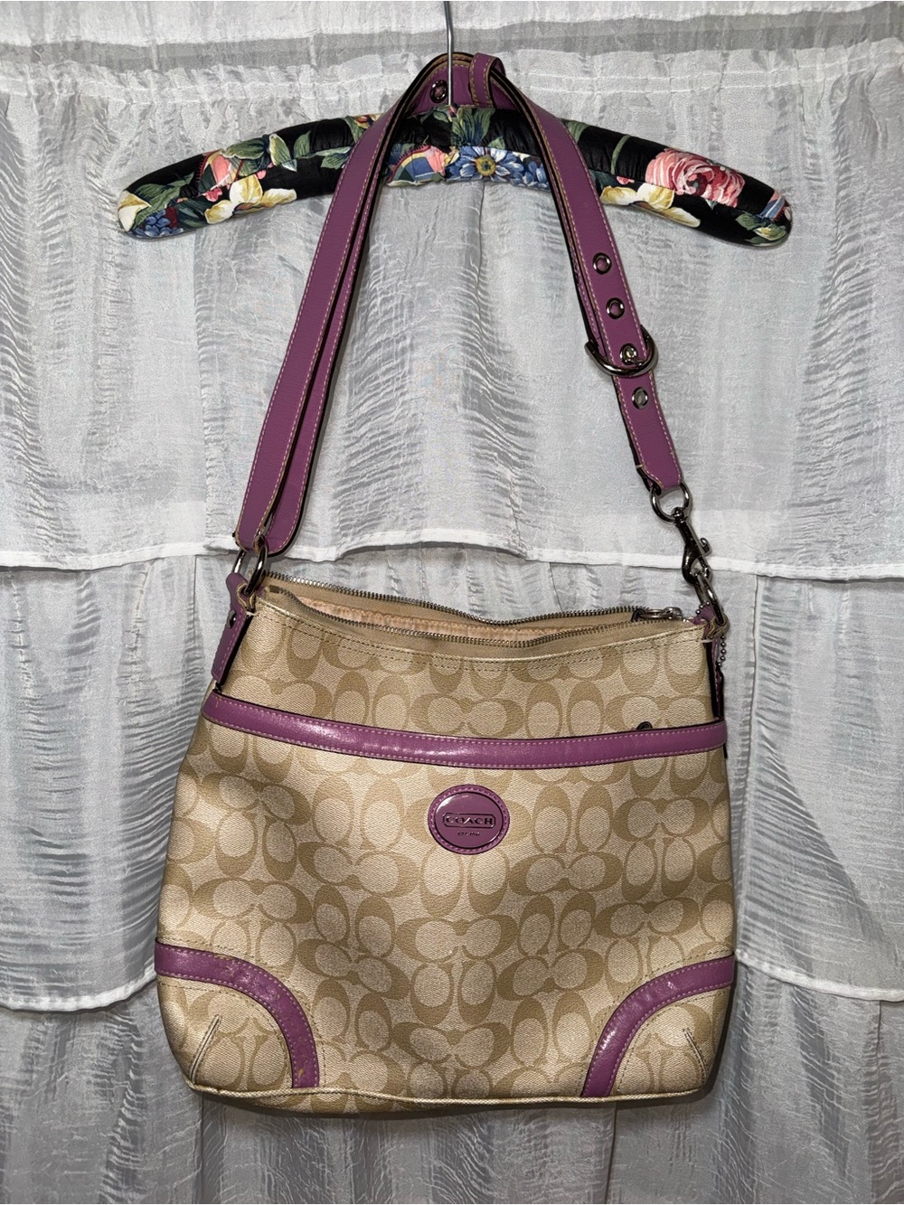 Coach Tan Signature Canvas Shoulder Bag with Purple Trim